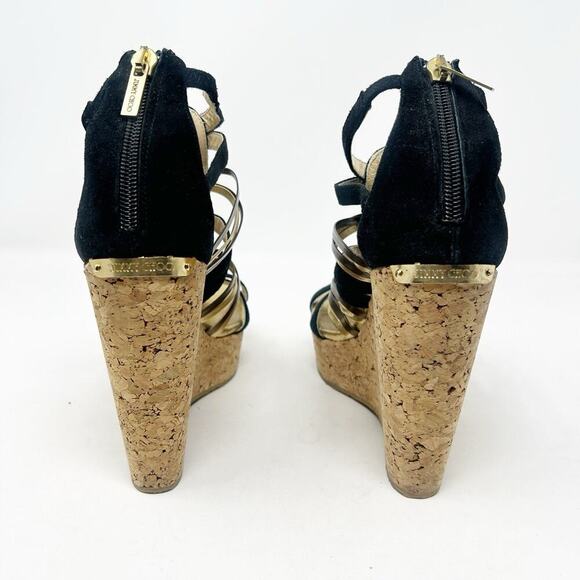 Jimmy Choo Black and and Gold Strappy Platform Cork Wedge Sandals 37.5 (7.5) - Picture 4 of 8